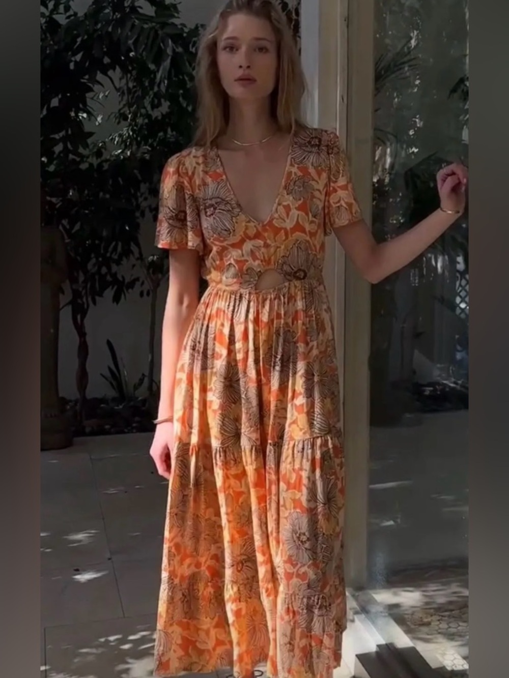 Orange Floral V-Neck Maxi Dress with Front Cutout